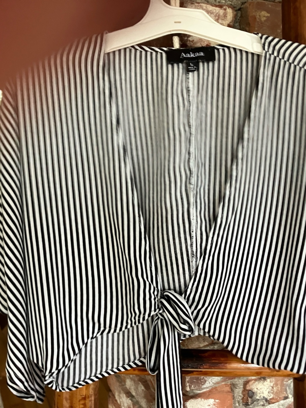 Aakaa Black and White Striped Tie-Front Crop Top, Size Large